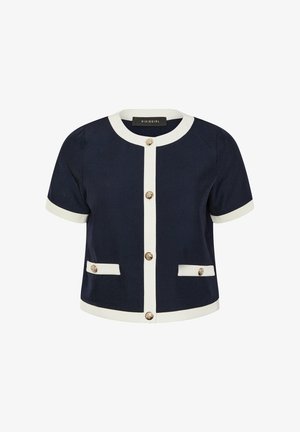 Cardigan blu navy a maniche corte con bordo bianco, bottoni dorati sul davanti e su due tasche frontali, scollatura rotonda.