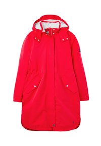 Parka roja con capucha forrada de piel, que cuenta con una cremallera completa, botones a presión, dos bolsillos delanteros y cintura con cordón ajustable. Tela lisa y resistente.