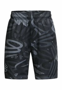 Pantalones cortos de malla negra con un patrón abstracto gris texturizado. Cintura elástica para mayor comodidad. La parte superior presenta un detalle de logo.