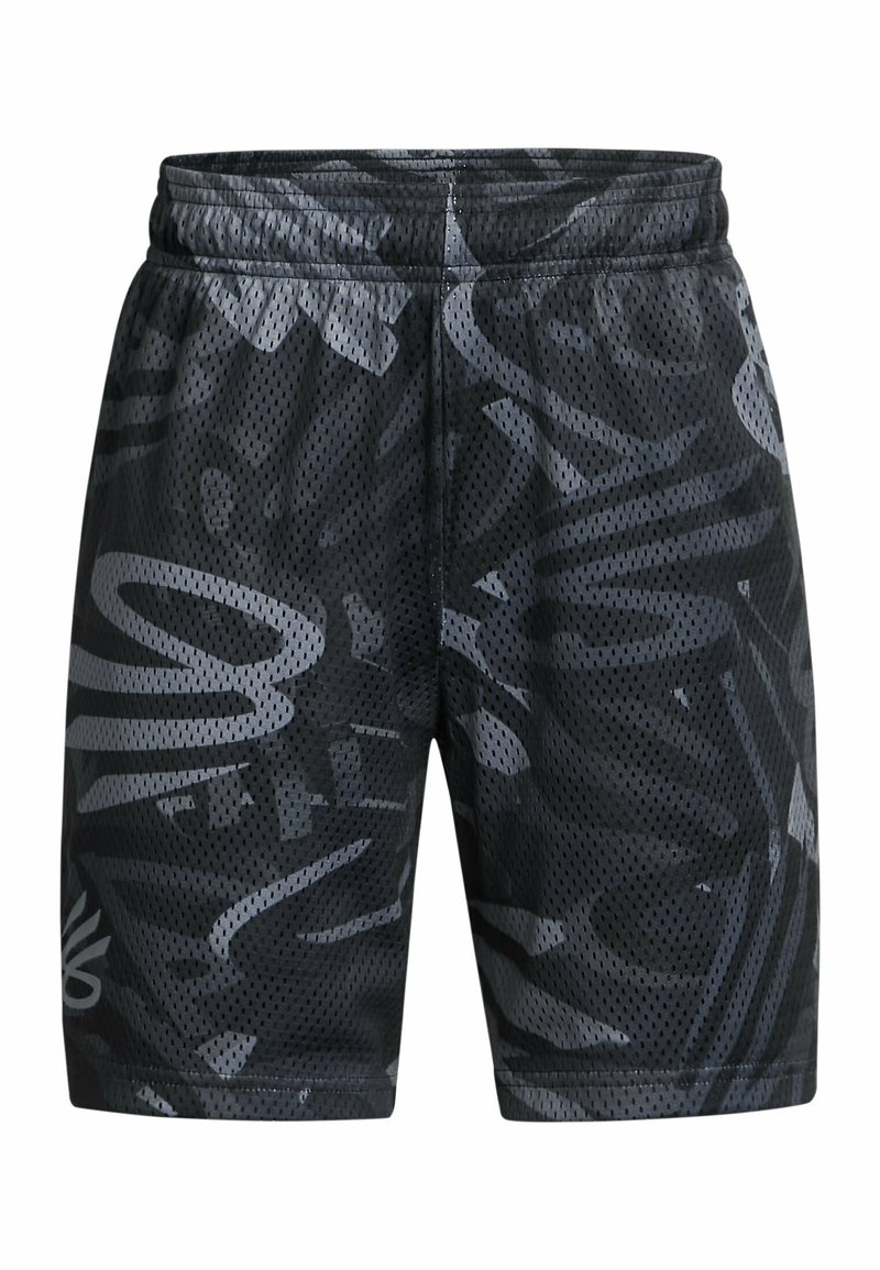 Pantalones cortos de malla negra con un patrón abstracto gris texturizado. Cintura elástica para mayor comodidad. La parte superior presenta un detalle de logo.