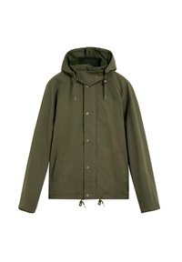 Chaqueta verde olivo hecha de tejido texturizado, con capucha, botones de presión y cordones en el dobladillo y bolsillos a cada lado.