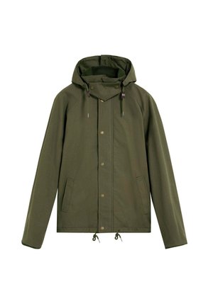 Chaqueta verde olivo hecha de tejido texturizado, con capucha, botones de presión y cordones en el dobladillo y bolsillos a cada lado.