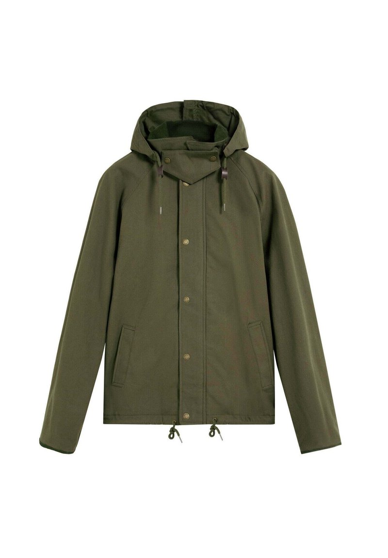 Chaqueta verde olivo hecha de tejido texturizado, con capucha, botones de presión y cordones en el dobladillo y bolsillos a cada lado.