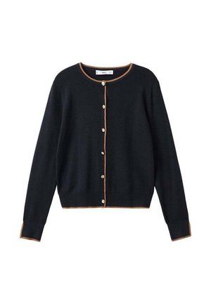 Dark blue cardigan with a round neckline, button front, and contrasting light brown trim along the edges and cuffs. Soft texture.