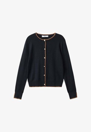 Dark blue cardigan with a round neckline, button front, and contrasting light brown trim along the edges and cuffs. Soft texture.