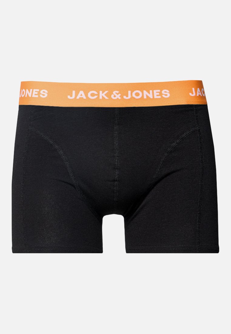 Schwarze Herren-Boxershorts mit oranger elastischer Taille, die mit einem weißen "JACK & JONES"-Branding versehen sind, und vorn gestickten Details.