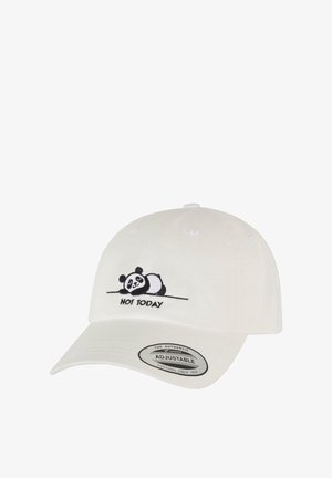 White cotton cap featuring a panda graphic and the text "NOT TODAY," with an adjustable strap and stitched detailing.