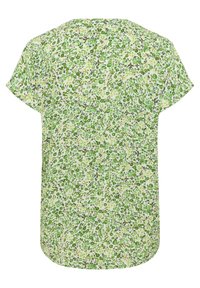 Groene bloemen top met korte mouwen, featuring een ronde halslijn en een lichte stof. Het ontwerp bevat verschillende groene tinten en kleine bloemenpatronen.