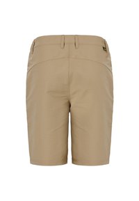 Khaki-Shorts mit glatter Textur, flachem Schnitt und Gesäßtaschen. Sie verfügen über einen mittelhohen Bund und dezente Stickdetails.