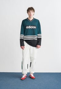 Türkiz színű hosszú ujjú hálós mez fekete-fehér csíkokkal, „adidas” logóval. Fehér nadrág zöld és fekete díszítéssel, piros tornacipő.