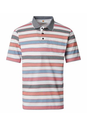 Kurzärmeliges Poloshirt mit horizontalen Streifen in Weiß, Pink, Blau und Grau, grauem Kragen, schwarzen Knöpfen und Brusttasche.