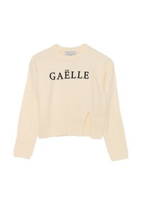 Maglione cropped color crema in materiale testurizzato, con collo rotondo e lettering nero "GAËLLE" sulla parte frontale.