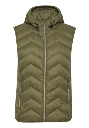 Gevoerde vest in olijfgroen met een capuchon, voorzien van een chevronpatroon, een ritssluiting aan de voorkant en twee zijzakken met rits. Hete zachte textuur.