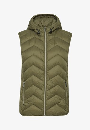 Gevoerde vest in olijfgroen met een capuchon, voorzien van een chevronpatroon, een ritssluiting aan de voorkant en twee zijzakken met rits. Hete zachte textuur.