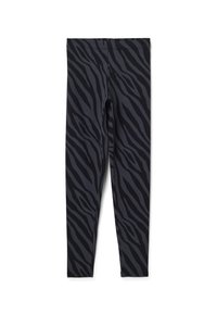 Zwarte legging met een grijs zebraprintpatroon. Gemaakt van rekbare stof, met een gladde textuur en een aansluitend ontwerp.