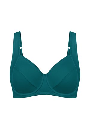 Teal bra with smooth fabric, underwire support, wide adjustable straps, and a structured, full-coverage design without embellishments.