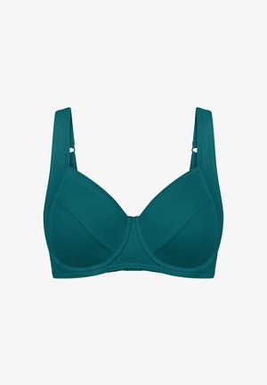 Türkiser BH aus glattem Stoff, mit Stützbügel, breiten, verstellbaren Trägern und einem strukturierten, vollflächigen Design ohne Verzierungen.