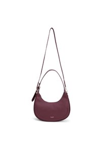Borsa a spalla in pelle viola scuro con forma arrotondata, zipper dorato, due tracolle e piccolo logo di marca argentato sulla parte anteriore.