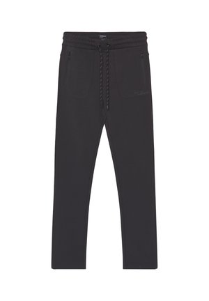 Schwarze Freizeithose mit elastischem Bund, Kordelzug und zwei vorderen Reißverschlusstaschen, flach auf weißem Hintergrund liegend.