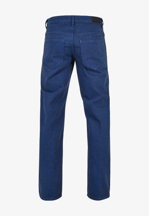 Pantalons en coton bleu marine avec deux poches arrière à découpe diagonale, design à jambe droite et surface en tissu texturé.
