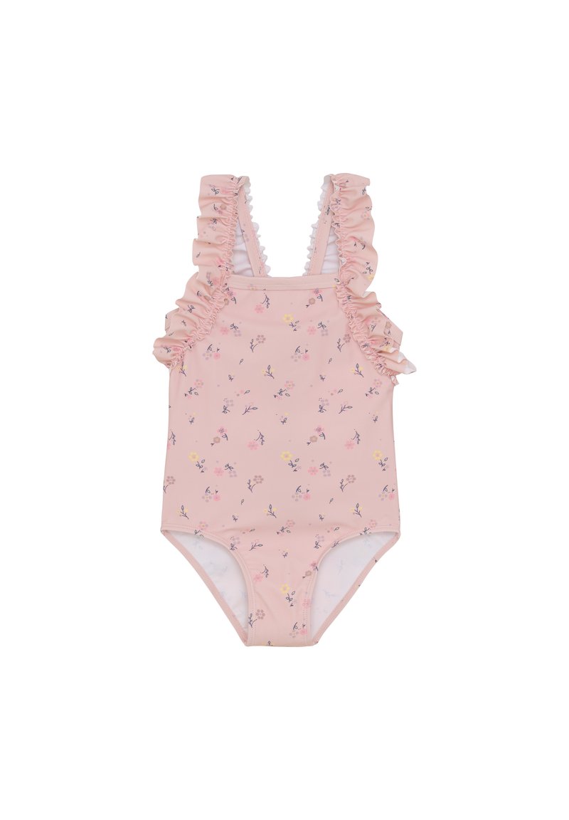 Rosa baddräkt i ett stycke med blommönster, volangaxlar och vit foder. Designad för en figurnära siluett.