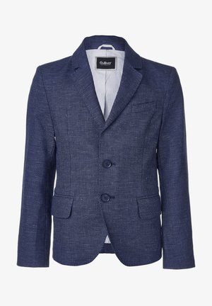 Navy blue blazer with a textured pattern, two buttons, notched lapels, and a single chest pocket. Lined with a striped fabric.