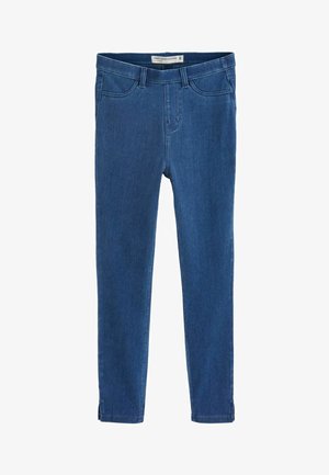 Leggings in denim blu con una texture liscia, design aderente e vita standard. Presentano cinque tasche e dettagli di cucitura sottili.