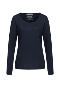 Dunkelblaues Baumwollhemd mit langen Ärmeln, runder Ausschnitt, schlichte Gestaltung und taillierter Silhouette.