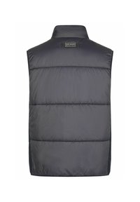 Dark gray quilted sleeveless puffer vest with high collar and Salamar logo patch on the upper back.