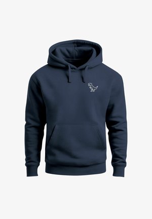 Navy blue hoodie with front pouch pocket and small white outlined dinosaur graphic on left chest.