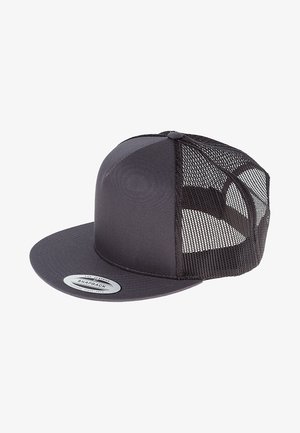 Musta snapback-nurk, millel on lame sirm, esipaneel on ühtlane ja taga on võrk. Sirmil on ümara kujuga logo kleebis.