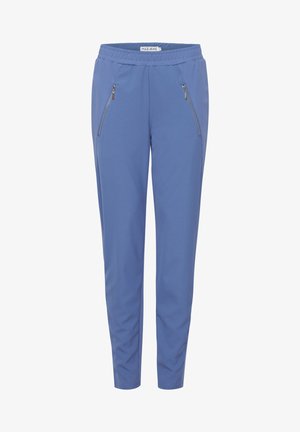 Blå, stretchiga byxor i tyg med elastisk midja, två sidfickor med dragkedja och design med avsmalnande ben. Slät struktur, inga synliga mönster.