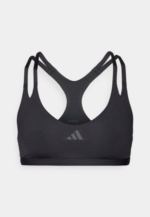 Czarny sportowy stanik o gładkiej teksturze, z tyłem typu racerback i cienkimi ramiączkami. Zawiera subtelne logo z przodu oraz wentrobną konstrukcję.