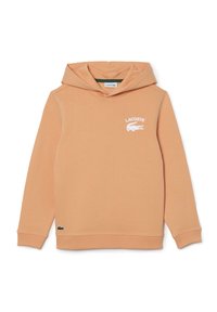 Beige Lacoste hoodie met lange mouwen, wit logo op de borst en klein groen krokodil-embleem nabij de zoom.