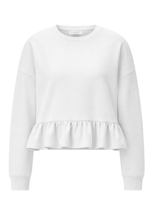 Bijela majica dugih rukava s okruglim izrezom i detaljem volana na rubu, s rebrastim manžetnama i opuštenim krojem.
