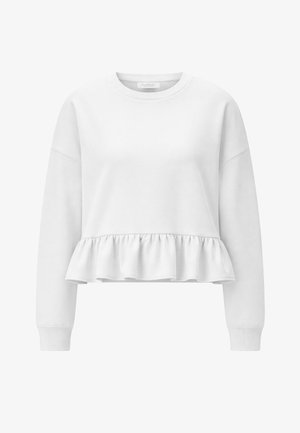 Bijela majica dugih rukava s okruglim izrezom i detaljem volana na rubu, s rebrastim manžetnama i opuštenim krojem.