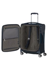 Valigia rigida navy con manico telescopico, tasche con zip, cinturini interni e rivestimento in tessuto a motivi. Quattro ruote girevoli per una maggiore mobilità.