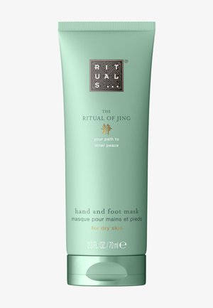 Tube vert du masque pour les mains et les pieds Ritual of Jing pour peau sèche, 70 ml, avec logo et texte « votre chemin vers la paix intérieure. »
