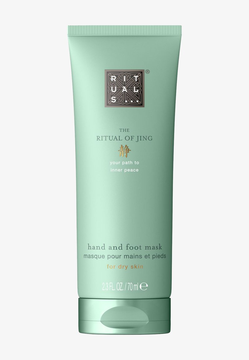 Tube vert du masque pour les mains et les pieds Ritual of Jing pour peau sèche, 70 ml, avec logo et texte « votre chemin vers la paix intérieure. »