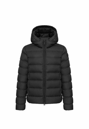 Giacca a vento nera con cappuccio, caratterizzata da sezioni trapuntate, una cerniera frontale e polsini elastici per una vestibilità aderente. Texture liscia e design leggero.