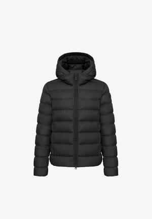 Svart puffjacka med huva, med quiltade sektioner, en fram zip och elastiska muddar för en snug passform. Slät textur och lättviktsdesign.