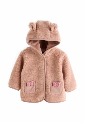 Rosa Fleecejacke mit Kapuze und Bärenohren. Strukturierter Körper, glattes Futter und zwei Taschen mit rosa Schleifenakzenten.