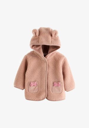 Ružový fleecejacket s kapucňou so srdiečkami medveďa. Textúrované telo, hladké podšívka a dve vrecká s akcentmi ružových mašlí.