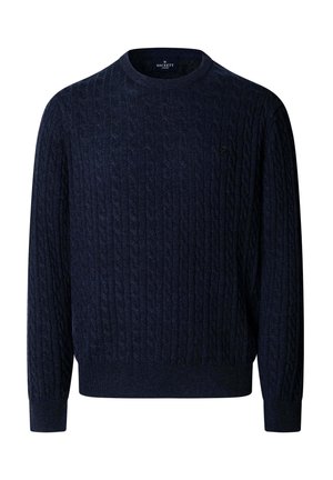 Džemper tamnoplave boje s kabelskim uzorkom, okruglim izrezom i dugim rukavima, izrađen od mekanog materijala s rebrastim manšetama i rubom.