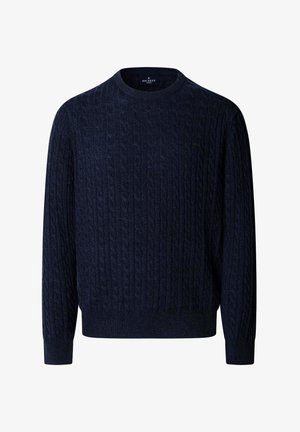 Džemper tamnoplave boje s kabelskim uzorkom, okruglim izrezom i dugim rukavima, izrađen od mekanog materijala s rebrastim manšetama i rubom.