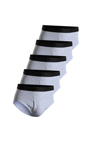 Fem par grå herrebokser med sorte elastiske taljer, der har "DOVRE" præget i sort, og som fremviser et glat, blødt stof.