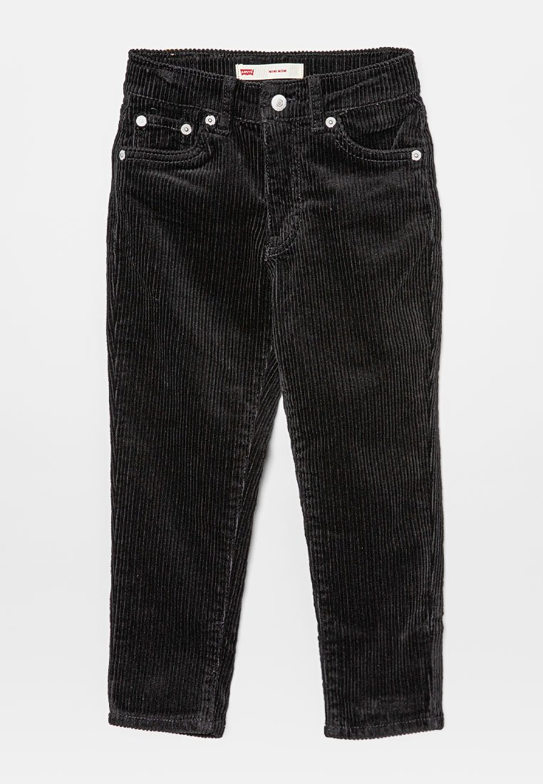 Pantalons en velours côtelé noirs pour tout-petits avec poches avant et arrière, fermeture à bouton et passants de ceinture, posés à plat sur un fond blanc.