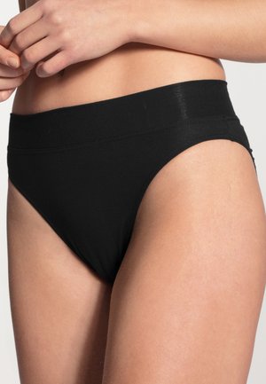 Black cotton bikini brief with a wide elastic waistband. Smooth texture and classic cut, featuring minimal stitching and no visible hardware.