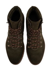 Dark brown suede hiking boots with metal eyelets and patterned laces viewed from above on a white background.