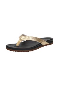 Gold metallic flip-flop sandal with a textured strap and black rubber sole. Features a minimal design and a padded footbed for comfort.